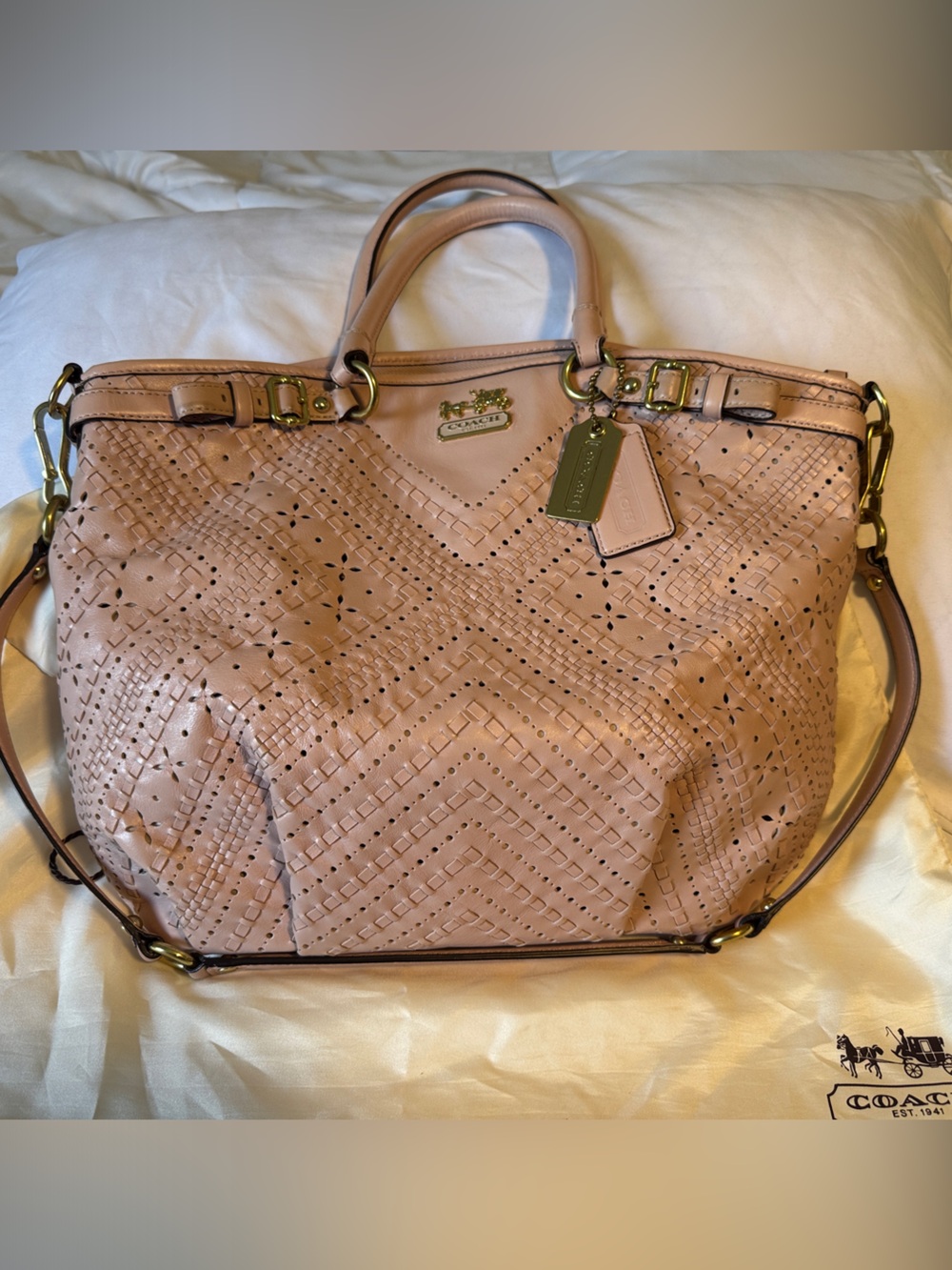 Coach Blush Pink Perforated Leather Tote with Gold Hardware